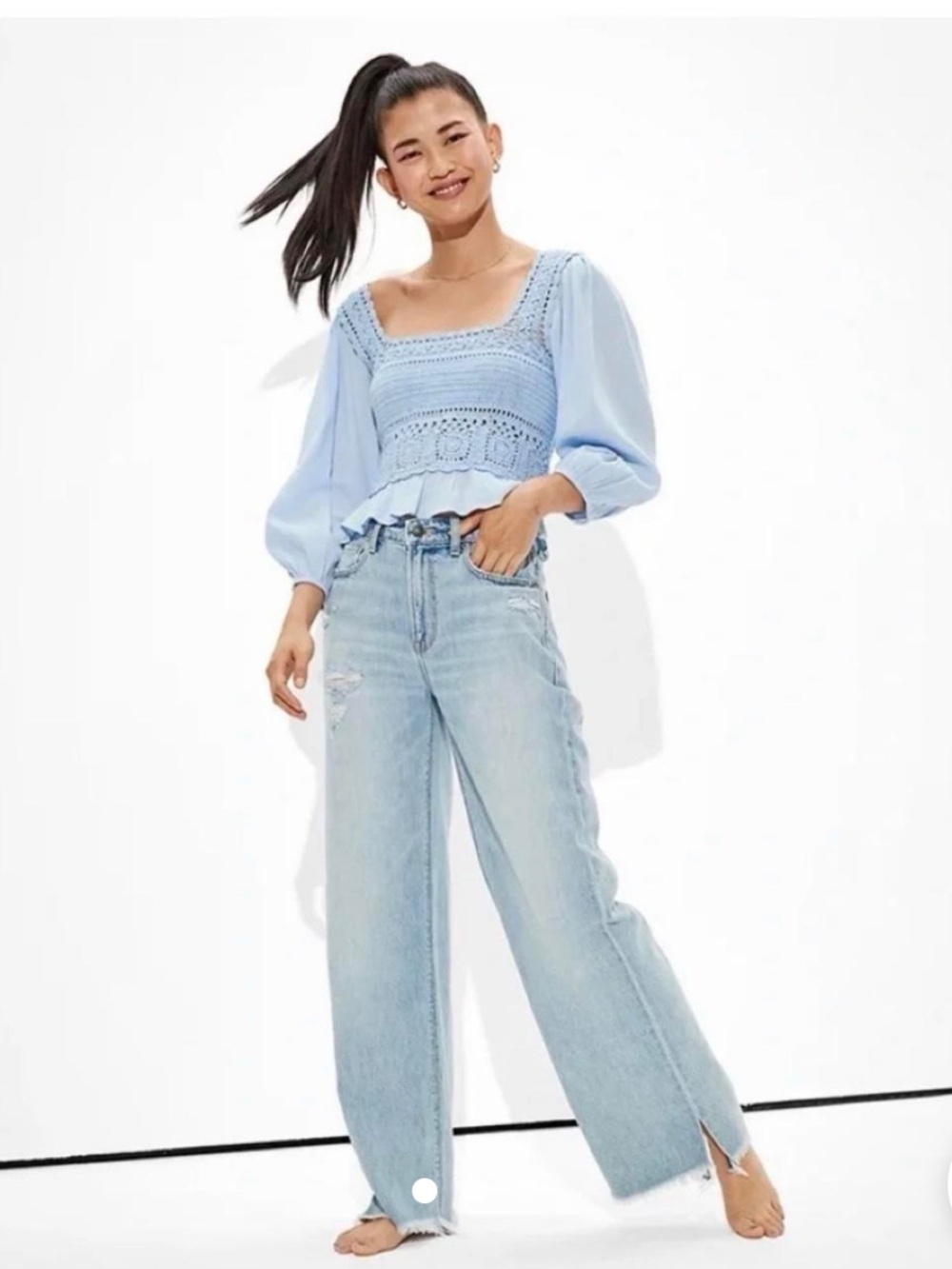 American Eagle Crochet Square-Neck Peasant Top - Light Blue